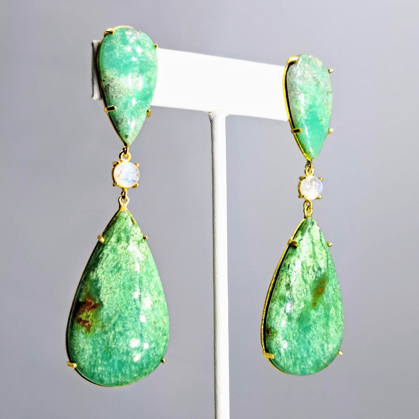 "Fresh Greens" 3" Earrings - Chrysoprase, Moonstone, 18k Gold Sterling