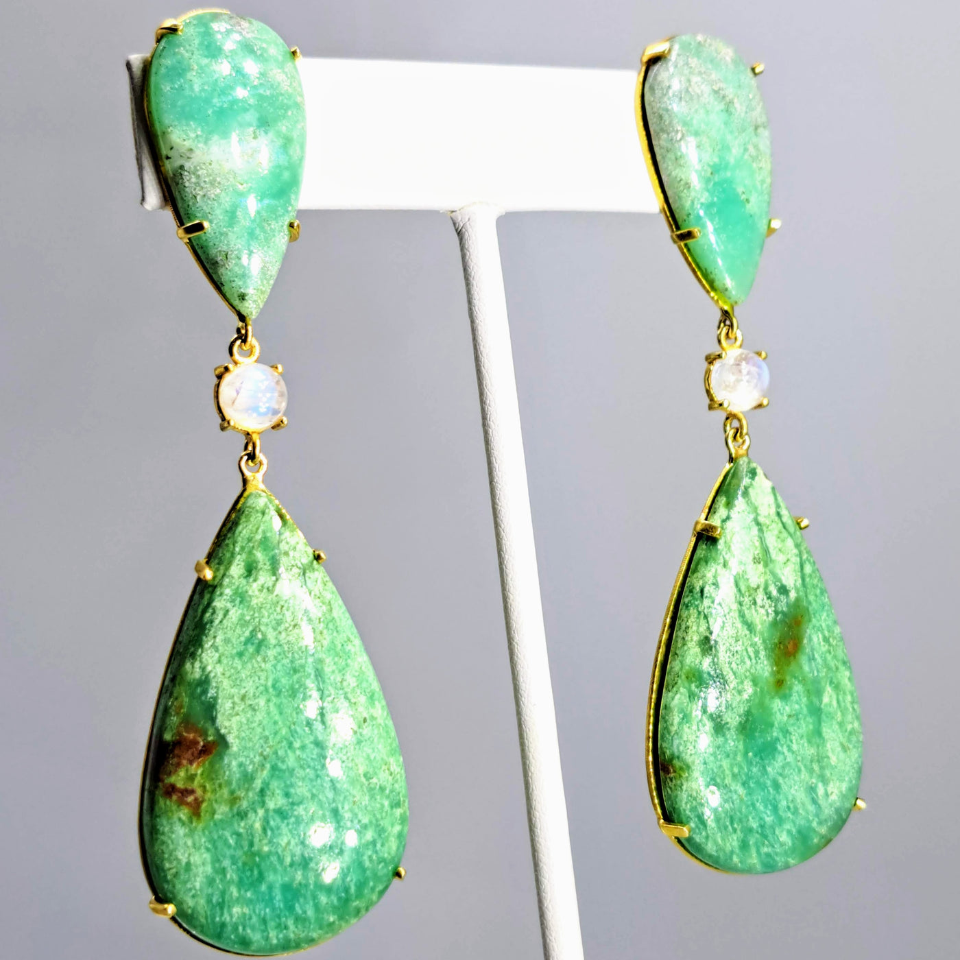 "Fresh Greens" 3" Earrings - Chrysoprase, Moonstone, 18k Gold Sterling