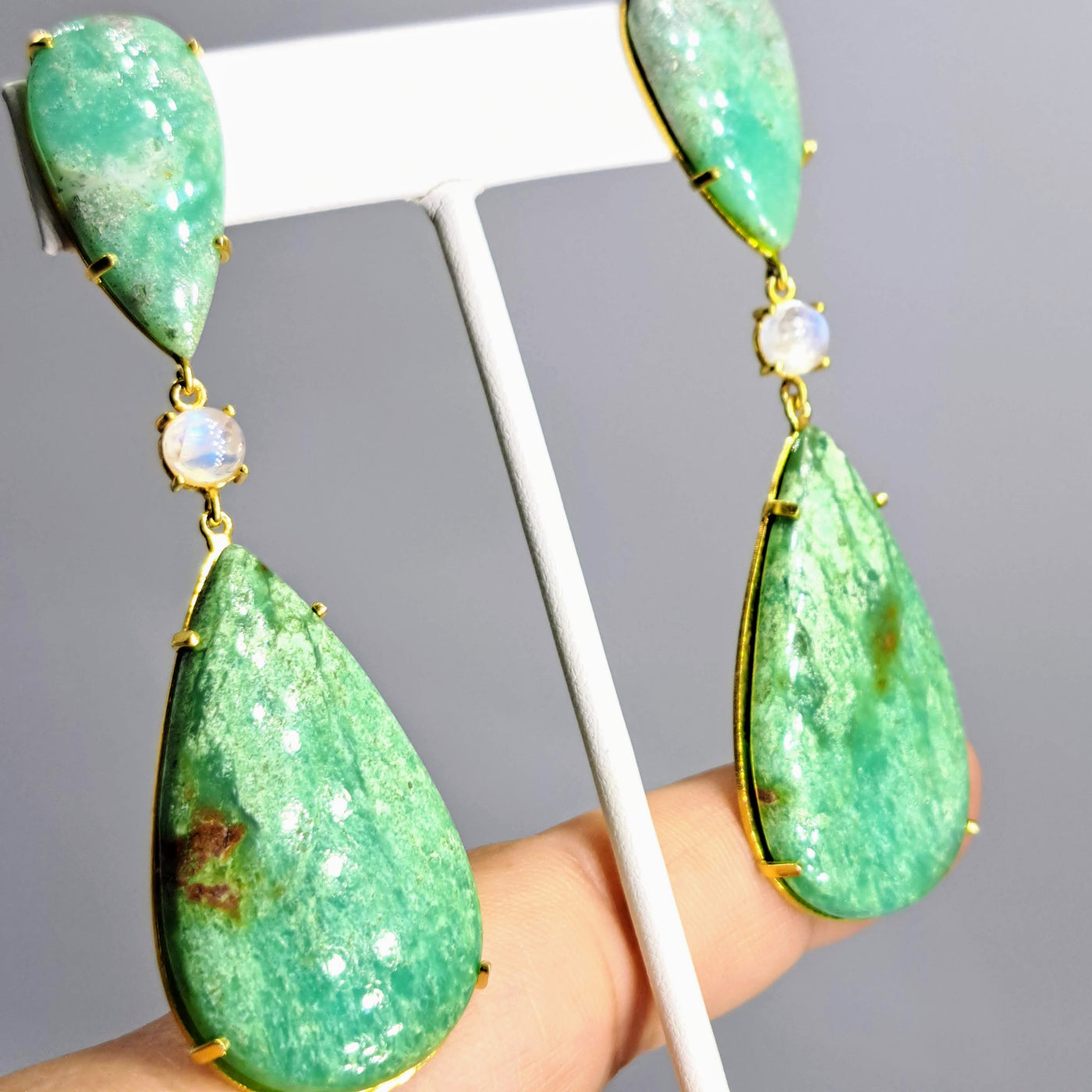 "Fresh Greens" 3" Earrings - Chrysoprase, Moonstone, 18k Gold Sterling