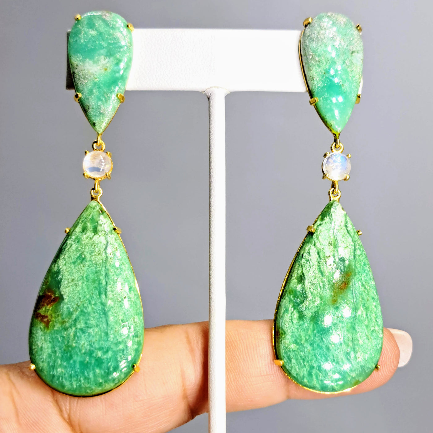 "Fresh Greens" 3" Earrings - Chrysoprase, Moonstone, 18k Gold Sterling