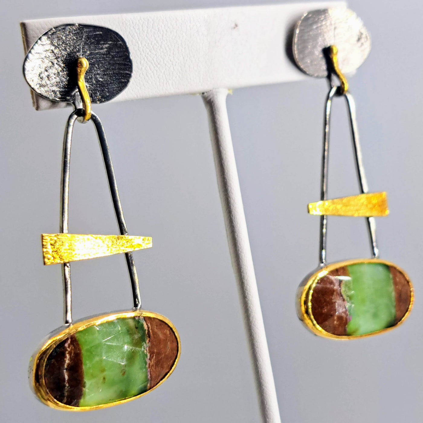 "Grass-hoppah!" 2.25" Earrings - Chrysoprase, Black & 18k Gold Sterling