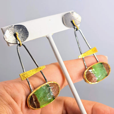 "Grass-hoppah!" 2.25" Earrings - Chrysoprase, Black & 18k Gold Sterling