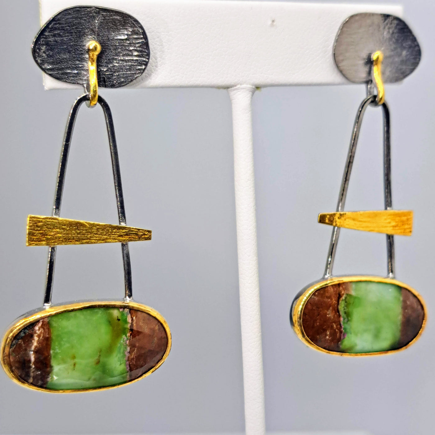 "Grass-hoppah!" 2.25" Earrings - Chrysoprase, Black & 18k Gold Sterling