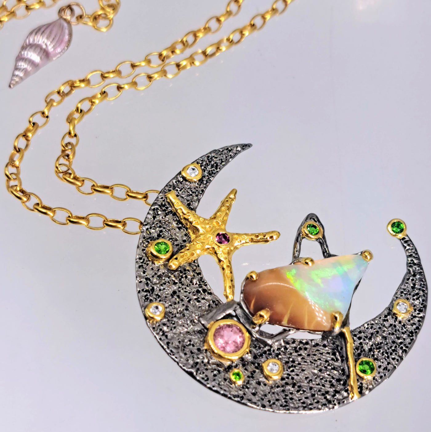 "Ocean Moon" Pendant Necklace - Opal, Tourmaline, Zircon Stone, Tsavorite Garnet, Black Sterling, 18k Gold