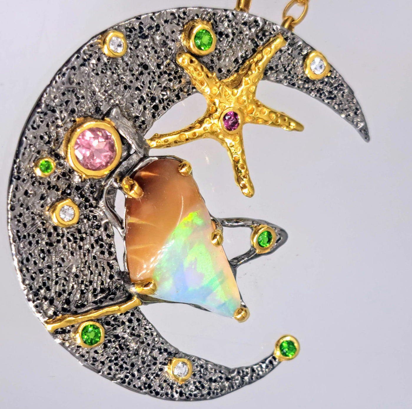 "Ocean Moon" Pendant Necklace - Opal, Tourmaline, Zircon Stone, Tsavorite Garnet, Black Sterling, 18k Gold