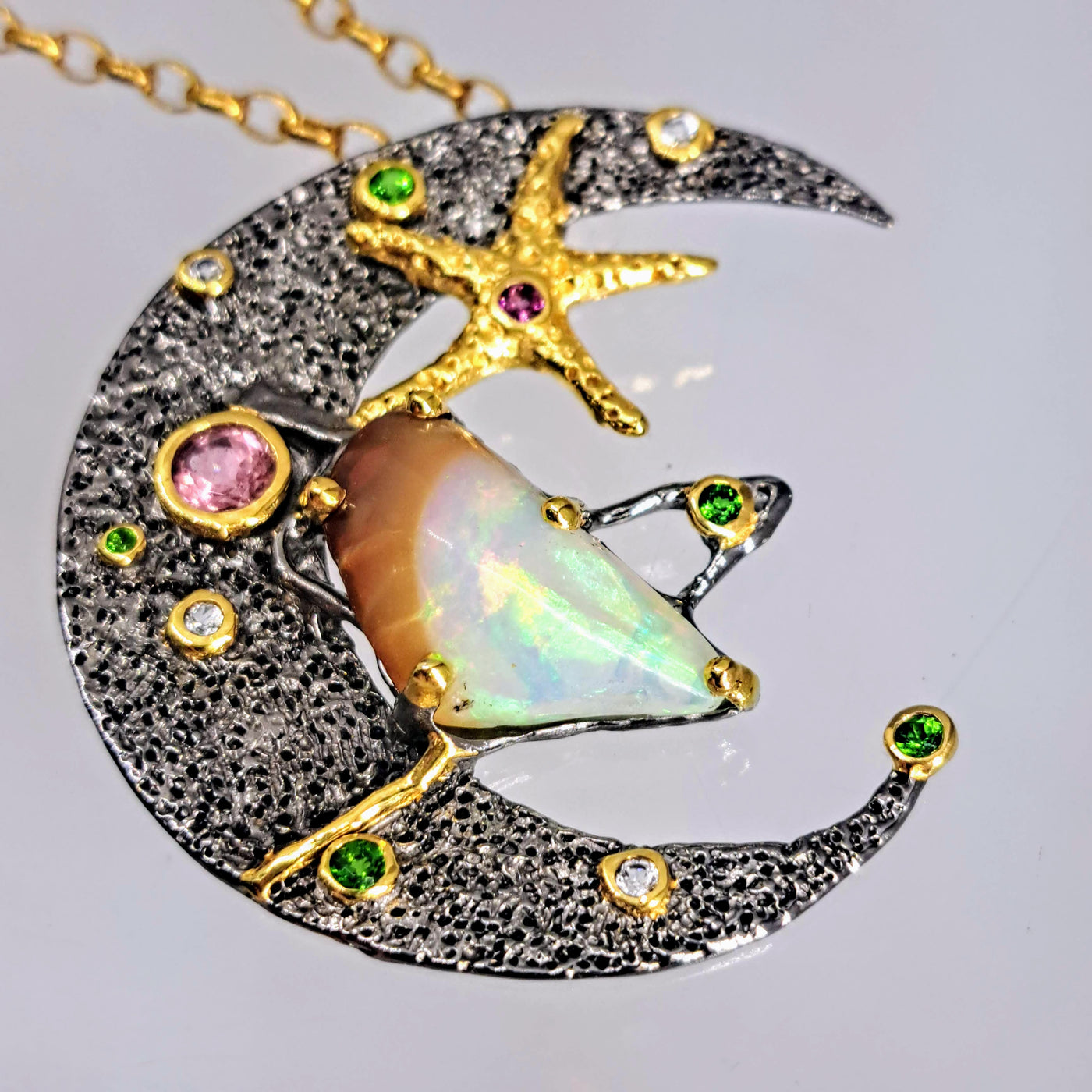 "Ocean Moon" Pendant Necklace - Opal, Tourmaline, Zircon Stone, Tsavorite Garnet, Black Sterling, 18k Gold