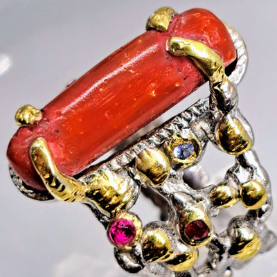 "Red Hot" Sz 7.5 Ring - Italian Red Coral, Sapphire, Ruby, Anti-tarnish Sterling, 18k