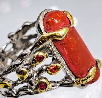 "Red Hot" Sz 7.5 Ring - Italian Red Coral, Sapphire, Ruby, Anti-tarnish Sterling, 18k