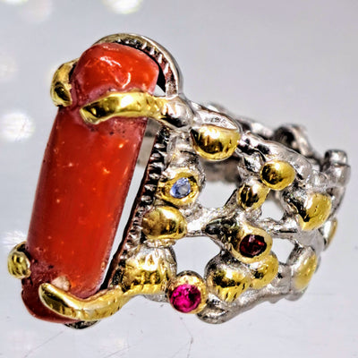 "Red Hot" Sz 7.5 Ring - Italian Red Coral, Sapphire, Ruby, Anti-tarnish Sterling, 18k