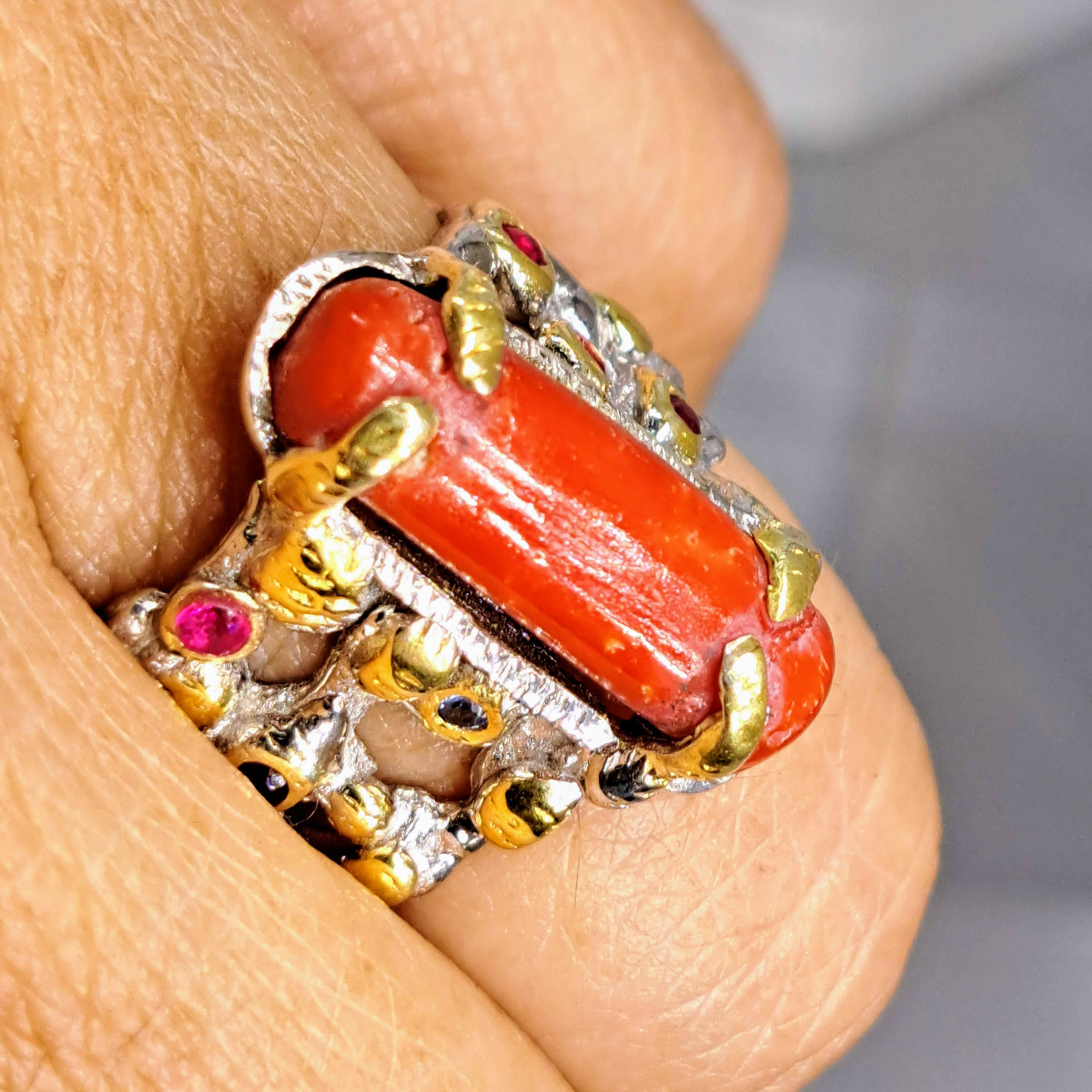 "Red Hot" Sz 7.5 Ring - Italian Red Coral, Sapphire, Ruby, Anti-tarnish Sterling, 18k