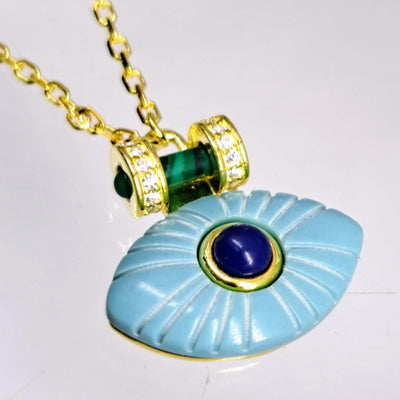 "Beholder In Sky Blue" 15"-17" Necklace - Malachite, Lapis, Zircon, Turquoise, Anti-tarnish or 18K Gold Sterling