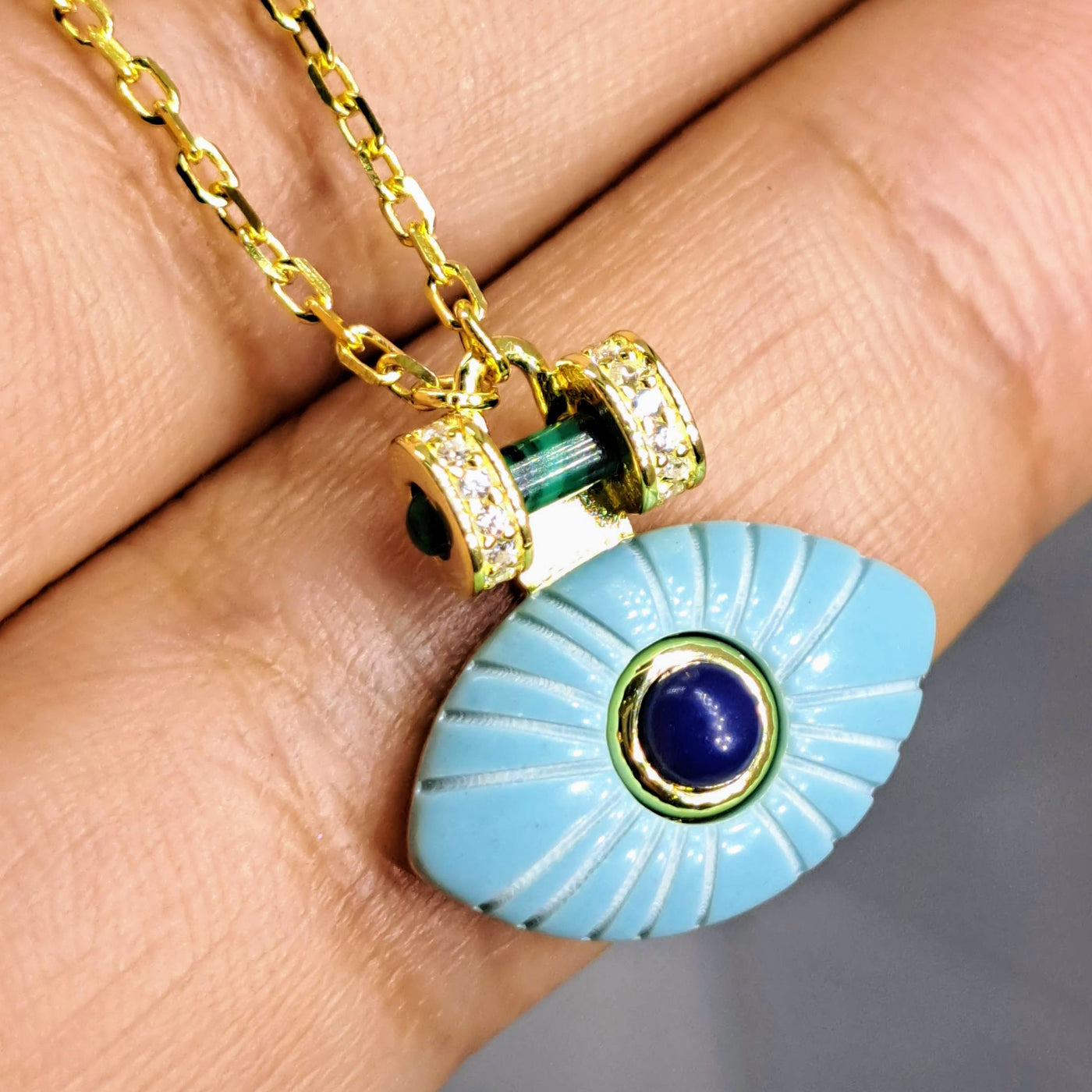 "Beholder In Sky Blue" 15"-17" Necklace - Malachite, Lapis, Zircon, Turquoise, Anti-tarnish or 18K Gold Sterling