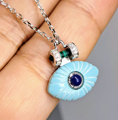 "Beholder In Sky Blue" 15"-17" Necklace - Malachite, Lapis, Zircon, Turquoise, Anti-tarnish or 18K Gold Sterling