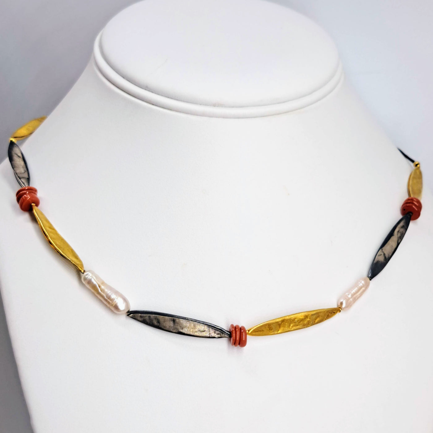 "Escultura En Rojo" 18" - 20" Necklace - Coral, Pearls, Sterling