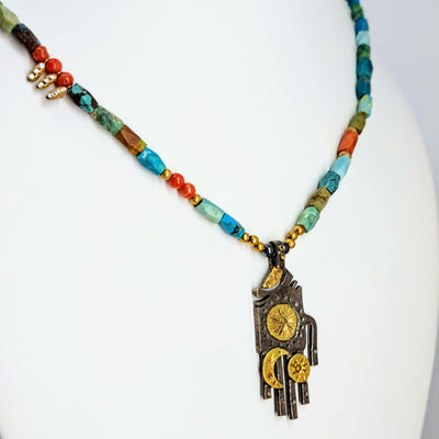 "Hamsa, Hamsa, Hamsa!" (#2) 18"-20" Necklace - Coral, Turquoise, Zircon, Black Sterling, 18k Gold (Copy)