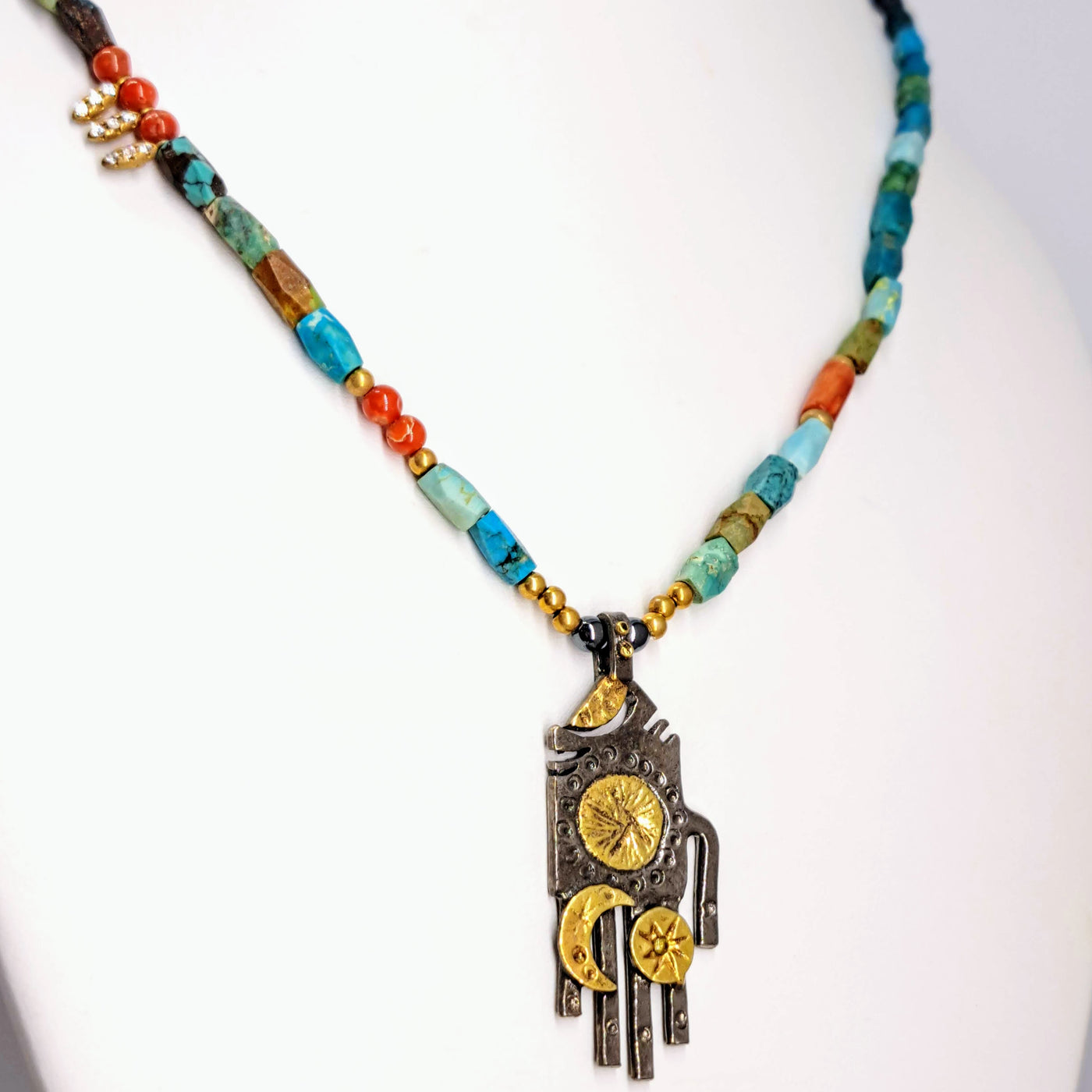 "Hamsa, Hamsa, Hamsa!" (#2) 18"-20" Necklace - Coral, Turquoise, Zircon, Black Sterling, 18k Gold (Copy)