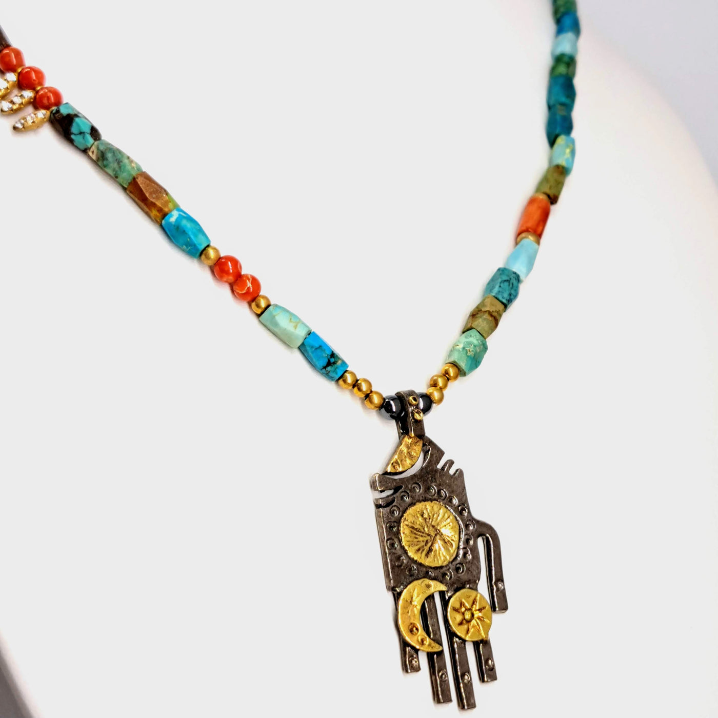 "Hamsa, Hamsa, Hamsa!" (#2) 18"-20" Necklace - Coral, Turquoise, Zircon, Black Sterling, 18k Gold (Copy)