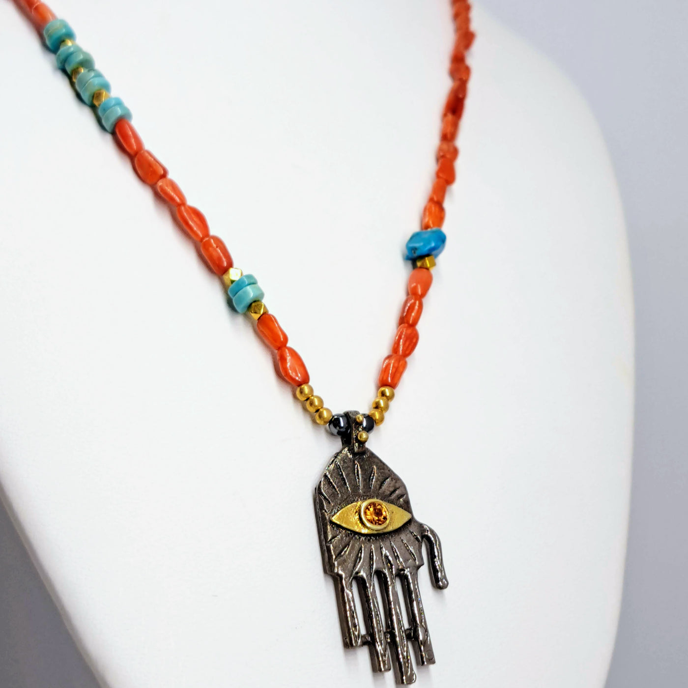 "Hamsa, Hamsa, Hamsa!" (#1) 18"-20" Necklace - Coral, Turquoise, Sapphire, Black Sterling, 18k Gold