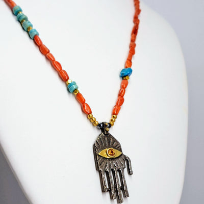 "Hamsa, Hamsa, Hamsa!" (#1) 18"-20" Necklace - Coral, Turquoise, Sapphire, Black Sterling, 18k Gold