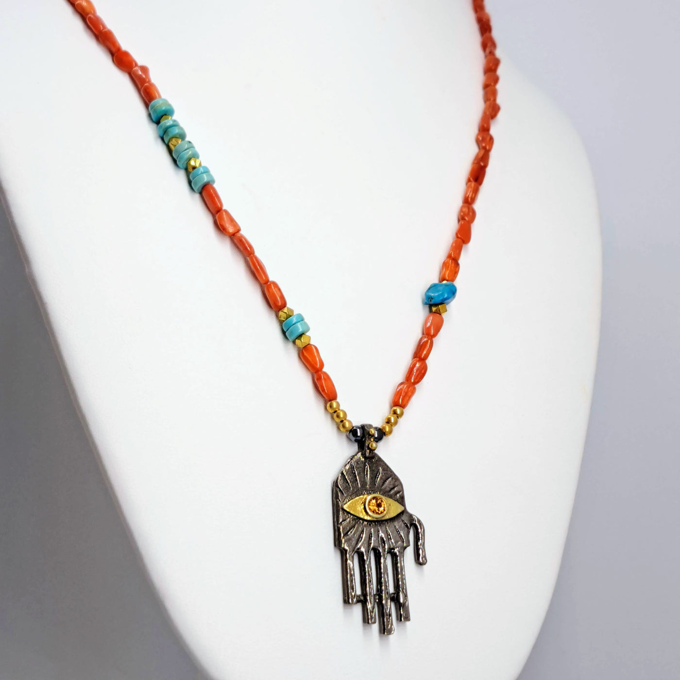 "Hamsa, Hamsa, Hamsa!" (#1) 18"-20" Necklace - Coral, Turquoise, Sapphire, Black Sterling, 18k Gold