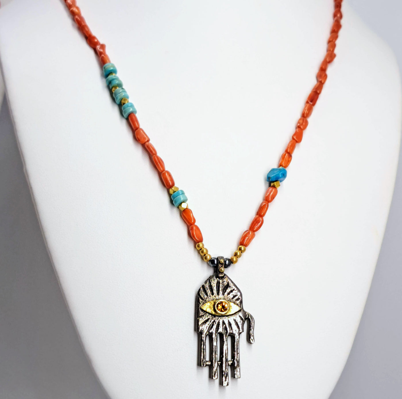 "Hamsa, Hamsa, Hamsa!" (#1) 18"-20" Necklace - Coral, Turquoise, Sapphire, Black Sterling, 18k Gold