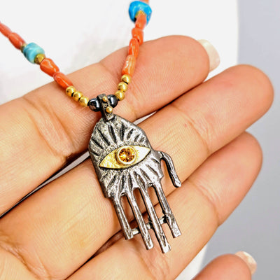 "Hamsa, Hamsa, Hamsa!" (#1) 18"-20" Necklace - Coral, Turquoise, Sapphire, Black Sterling, 18k Gold