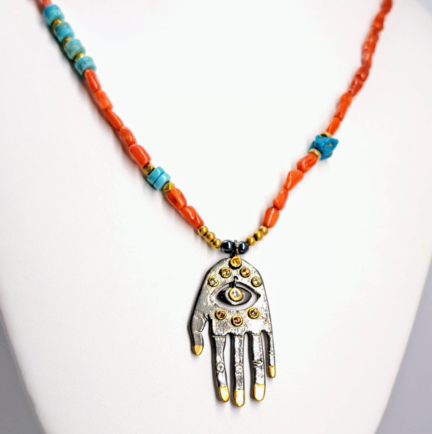 "Hamsa, Hamsa, Hamsa!" (#3) 18"-20" Necklace - Coral, Turquoise, Sapphire, Black Sterling, 18k Gold