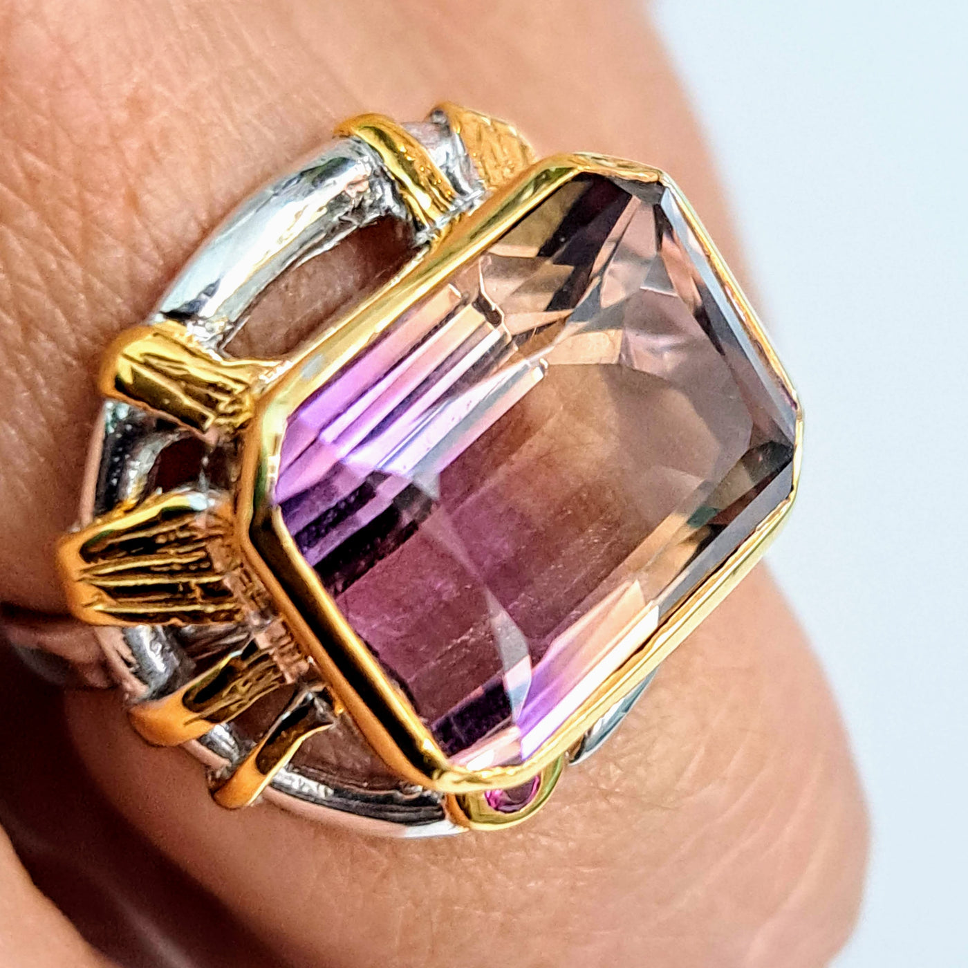 "Ametrine Dream" Sz 8 Ring - Ametrine, Tourmaline, Anti-tarnish Sterling, 18K Gold