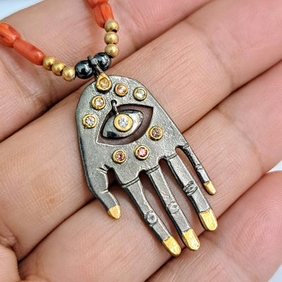 "Hamsa, Hamsa, Hamsa!" (#3) 18"-20" Necklace - Coral, Turquoise, Sapphire, Black Sterling, 18k Gold