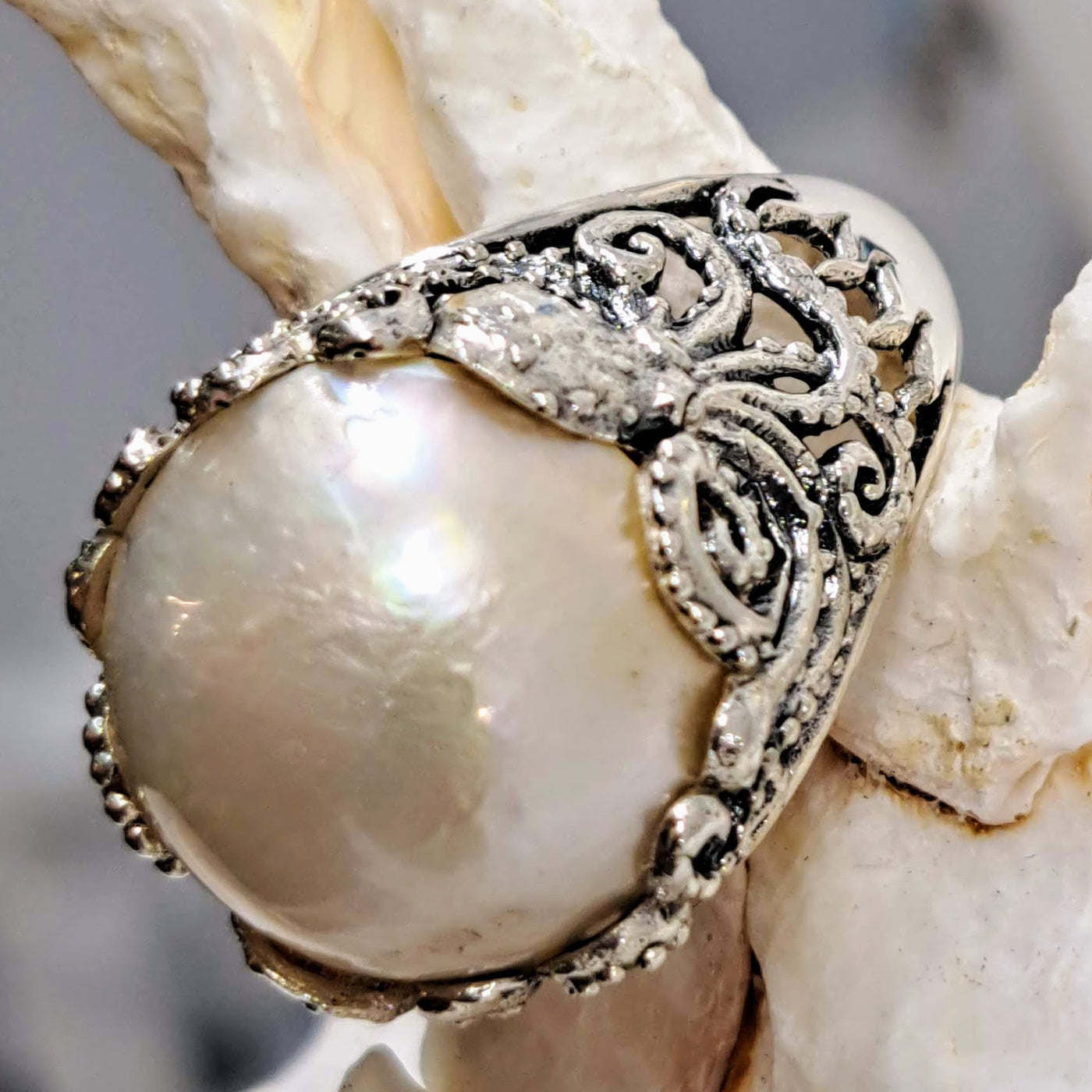 "My Octopus Pearl" Size 8 Ring - White Mabé Pearl, Sterling