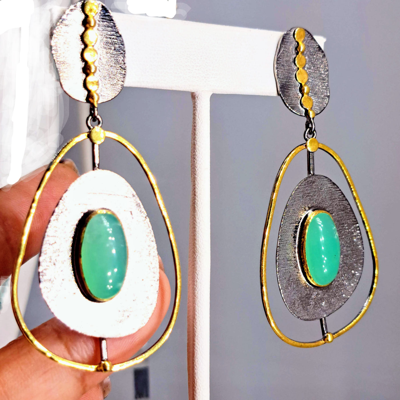 "Apple Cheeks" 2.75" Earrings - Chrysoprase, Black Sterling, 18k