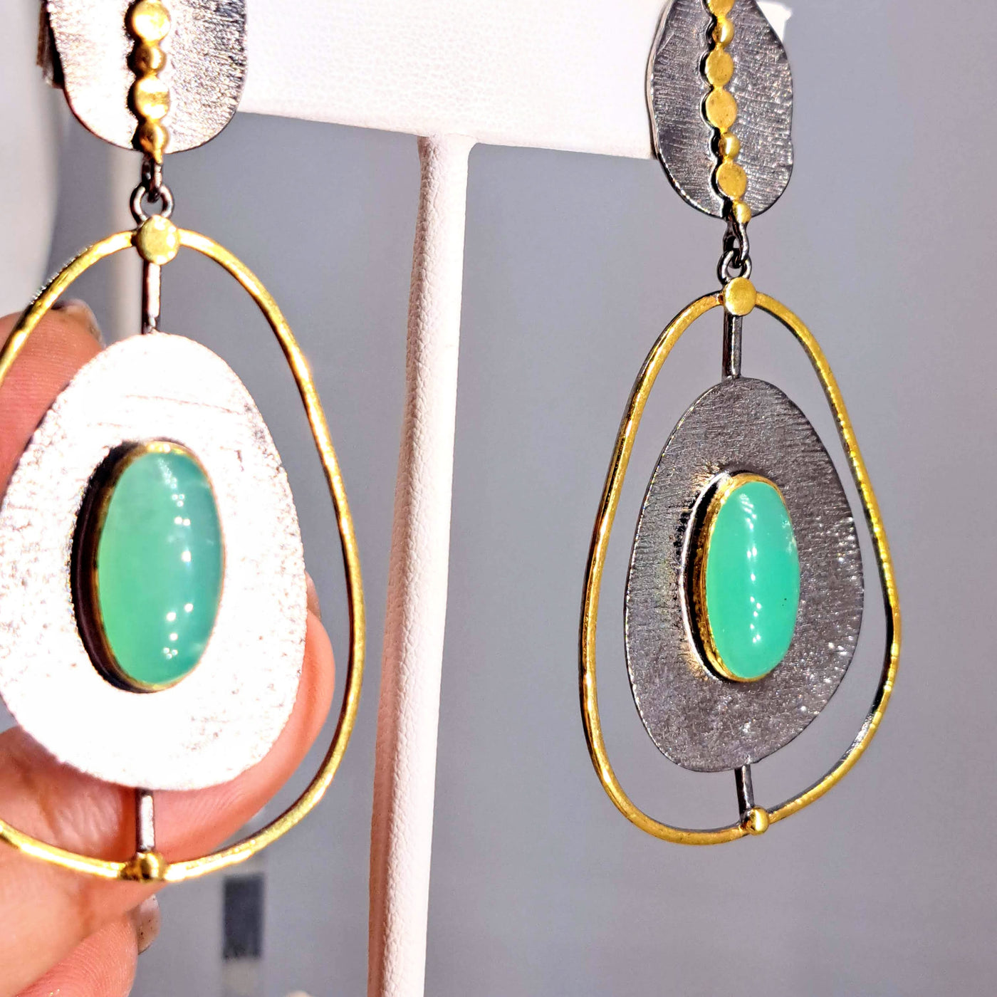 "Apple Cheeks" 2.75" Earrings - Chrysoprase, Black Sterling, 18k