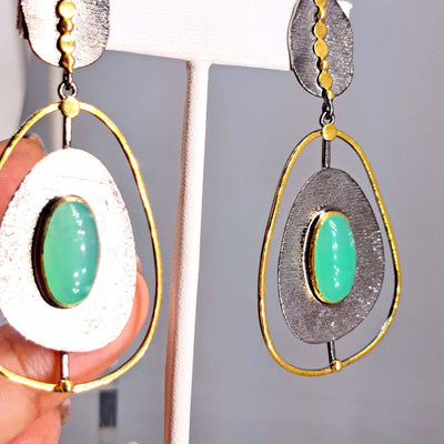 "Apple Cheeks" 2.75" Earrings - Chrysoprase, Black Sterling, 18k