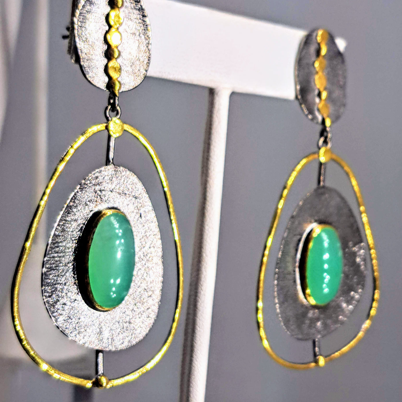 "Apple Cheeks" 2.75" Earrings - Chrysoprase, Black Sterling, 18k