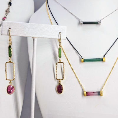 "Balance." 15" - 18" Necklace - Tourmaline, Diamond, Black Sterling, 18k Gold