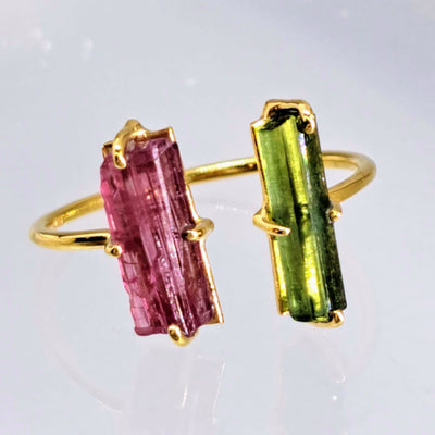 "Open To Greatness #2" Adj. Sz 6.5 to 7.5 Rings - Tourmaline, Black Sterling, 18K Gold