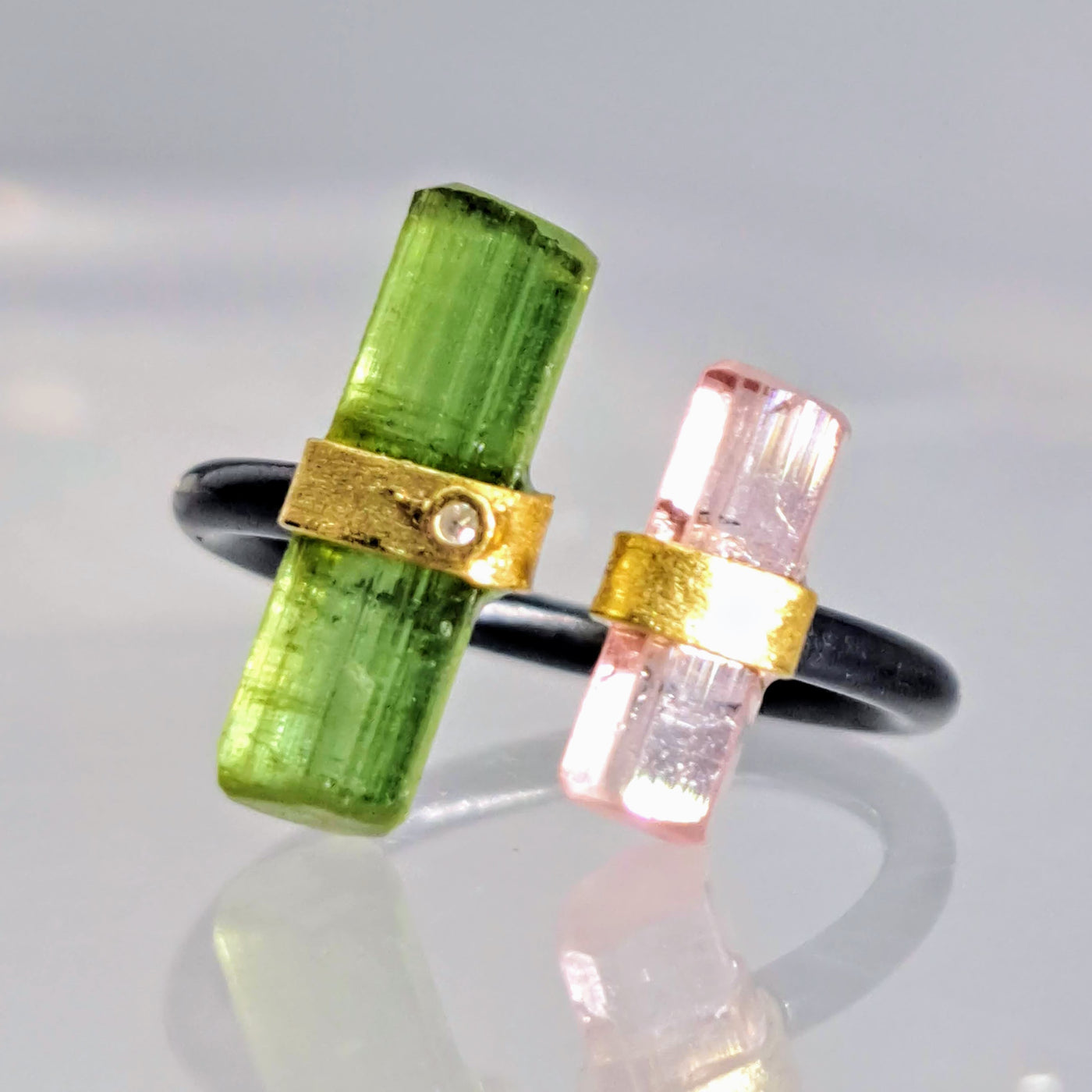 "Open To Greatness #1" Adj. Sz 6.5 to 7.5 Rings - Tourmaline, Diamond, Black Sterling, 18K