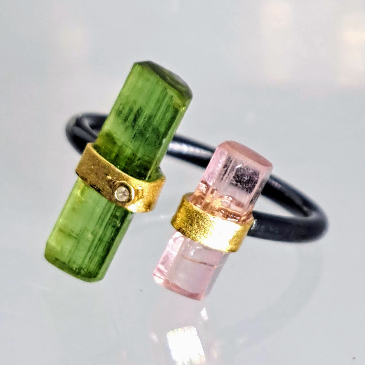 "Open To Greatness #1" Adj. Sz 6.5 to 7.5 Rings - Tourmaline, Diamond, Black Sterling, 18K