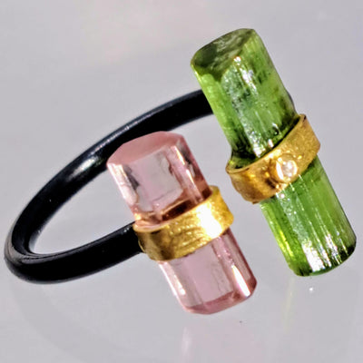 "Open To Greatness #1" Adj. Sz 6.5 to 7.5 Rings - Tourmaline, Diamond, Black Sterling, 18K