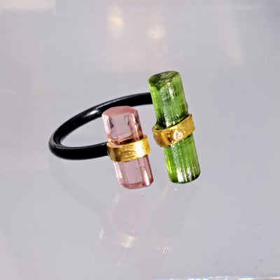 "Open To Greatness #1" Adj. Sz 6.5 to 7.5 Rings - Tourmaline, Diamond, Black Sterling, 18K