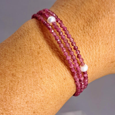 "PINK Passion!" Free Size Bracelet - Tourmaline, Pearls, Memory Wire