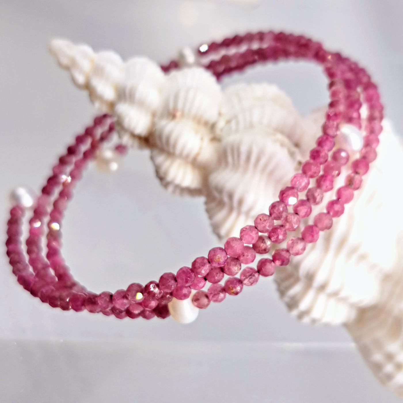 "PINK Passion!" Free Size Bracelet - Tourmaline, Pearls, Memory Wire