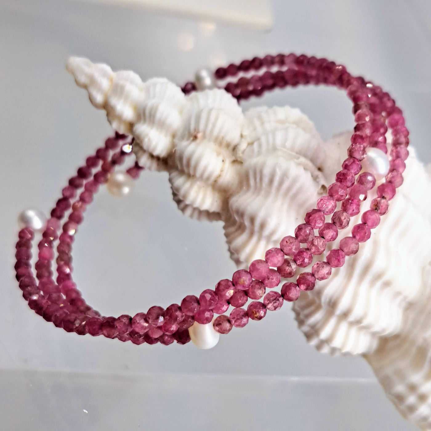 "PINK Passion!" Free Size Bracelet - Tourmaline, Pearls, Memory Wire