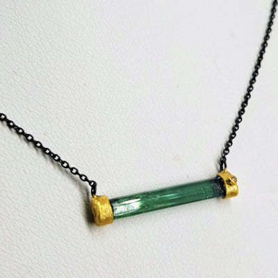 "Balance." 15" - 18" Necklace - Tourmaline, Diamond, Black Sterling, 18k Gold