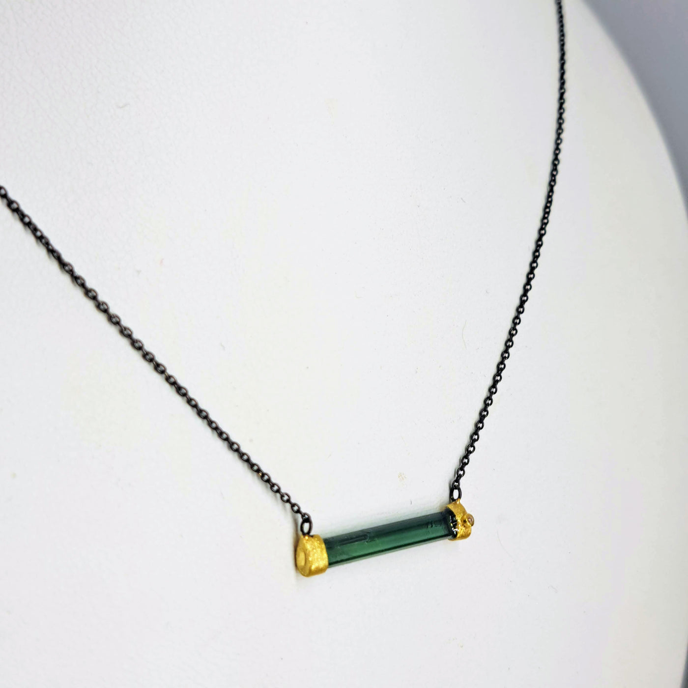 "Balance." 15" - 18" Necklace - Tourmaline, Diamond, Black Sterling, 18k Gold