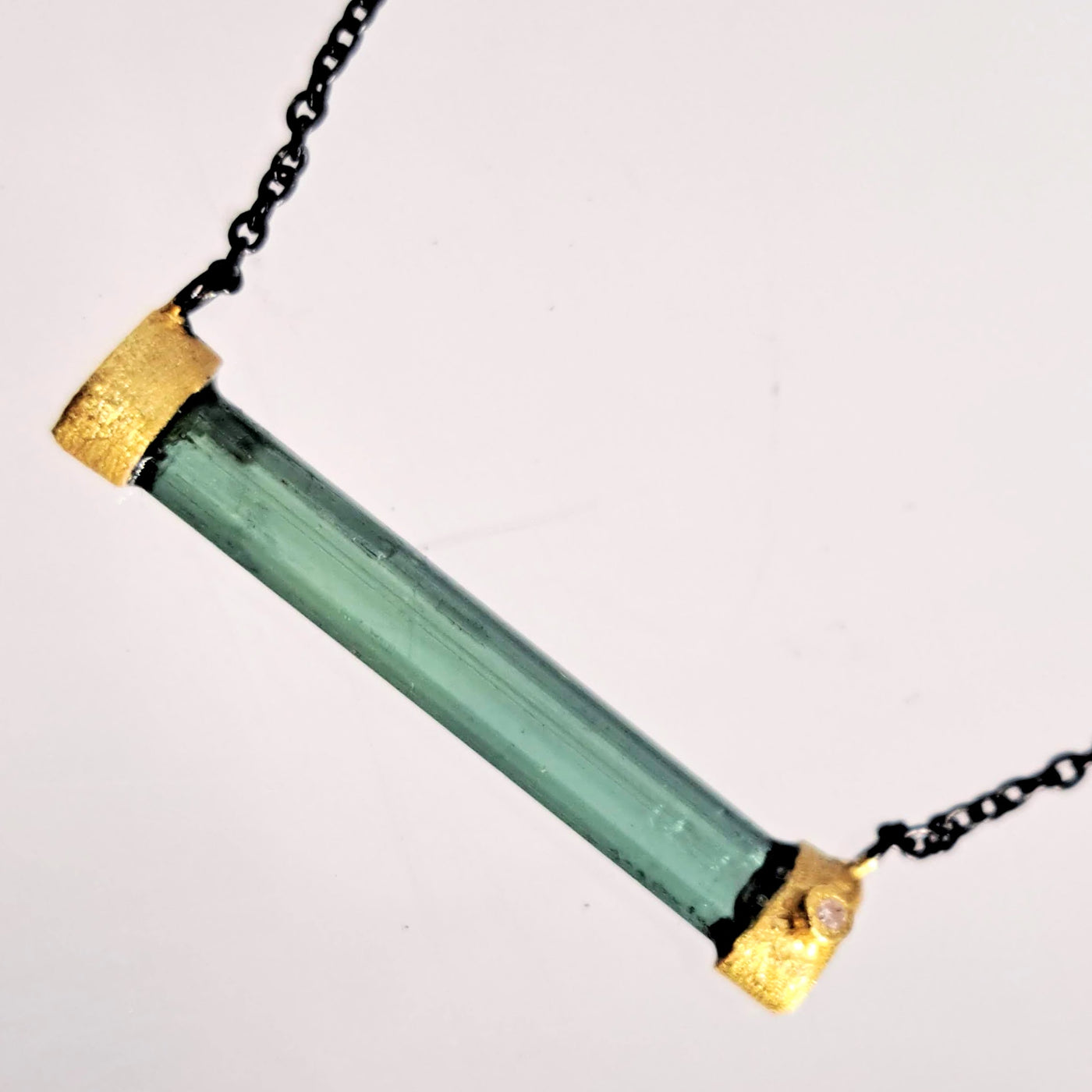 "Balance." 15" - 18" Necklace - Tourmaline, Diamond, Black Sterling, 18k Gold