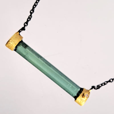 "Balance." 15" - 18" Necklace - Tourmaline, Diamond, Black Sterling, 18k Gold