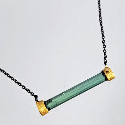 "Balance." 15" - 18" Necklace - Tourmaline, Diamond, Black Sterling, 18k Gold