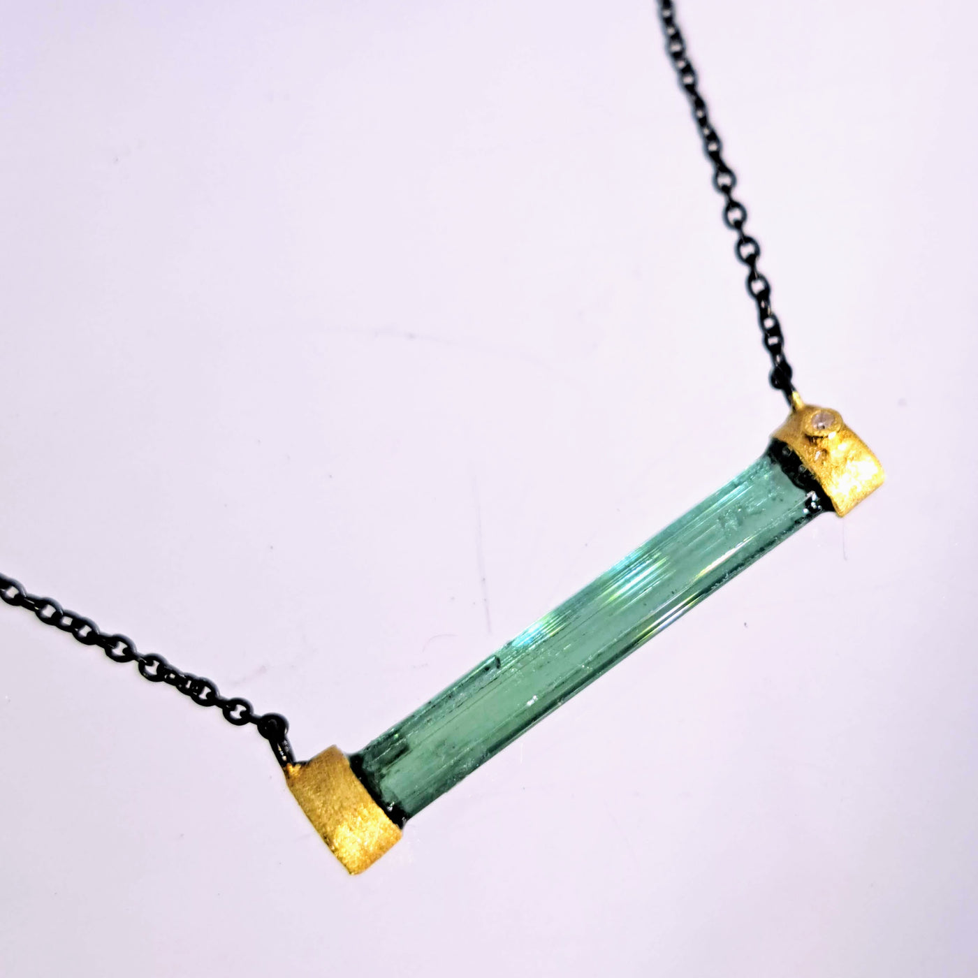 "Balance." 15" - 18" Necklace - Tourmaline, Diamond, Black Sterling, 18k Gold