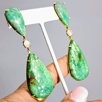 "Fresh Greens" 3" Earrings - Chrysoprase, Moonstone, 18k Gold Sterling